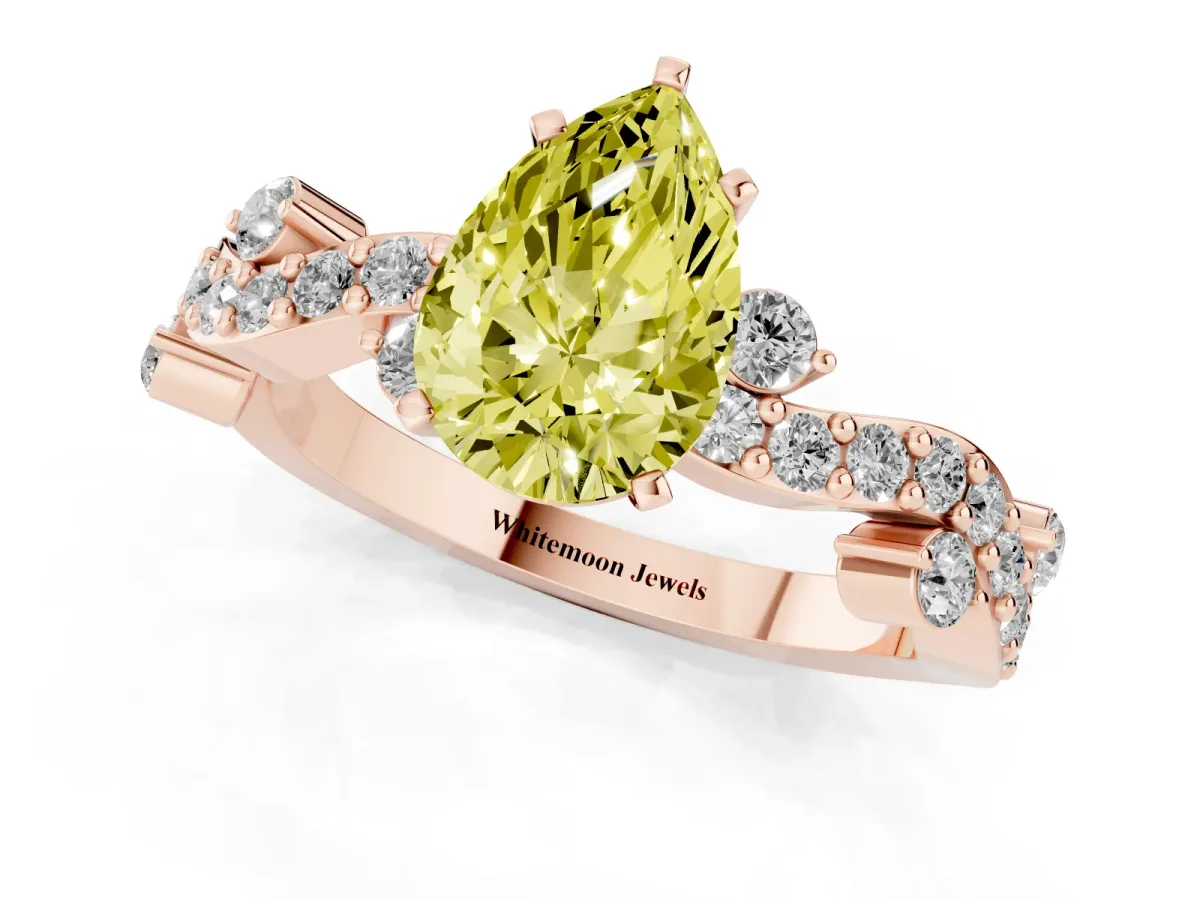 Fancy Yellow Pear Cut Cut Solitaire Diamond Twisted Band with Pave Setting Rose gold