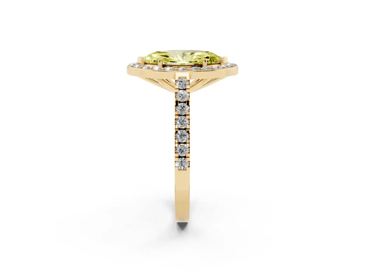 Fancy Yellow Marquise Cut Diamond Halo Ring with Round Pavé Split Shank and Prong Setting Yellow gold