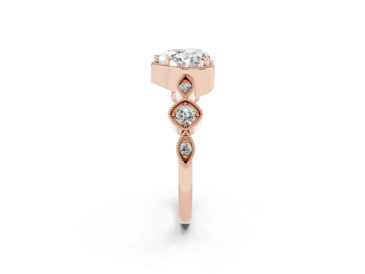Heart Cut Diamond Vintage Milgrain Ring with Round Stations Rose gold