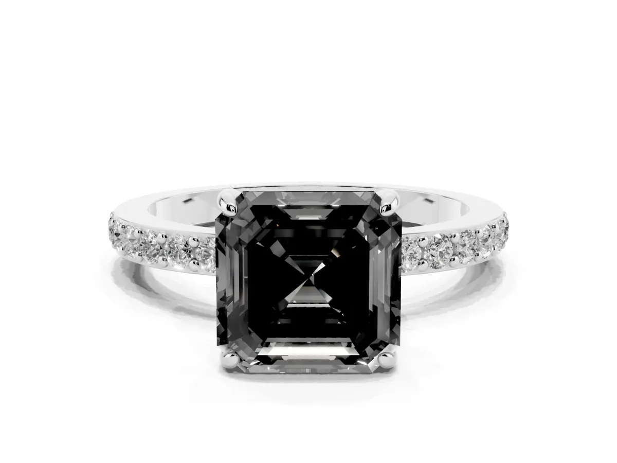 Fancy Black Asscher Cut Diamond Pavé Engagement Ring with Round Accents and Prong Setting Silver