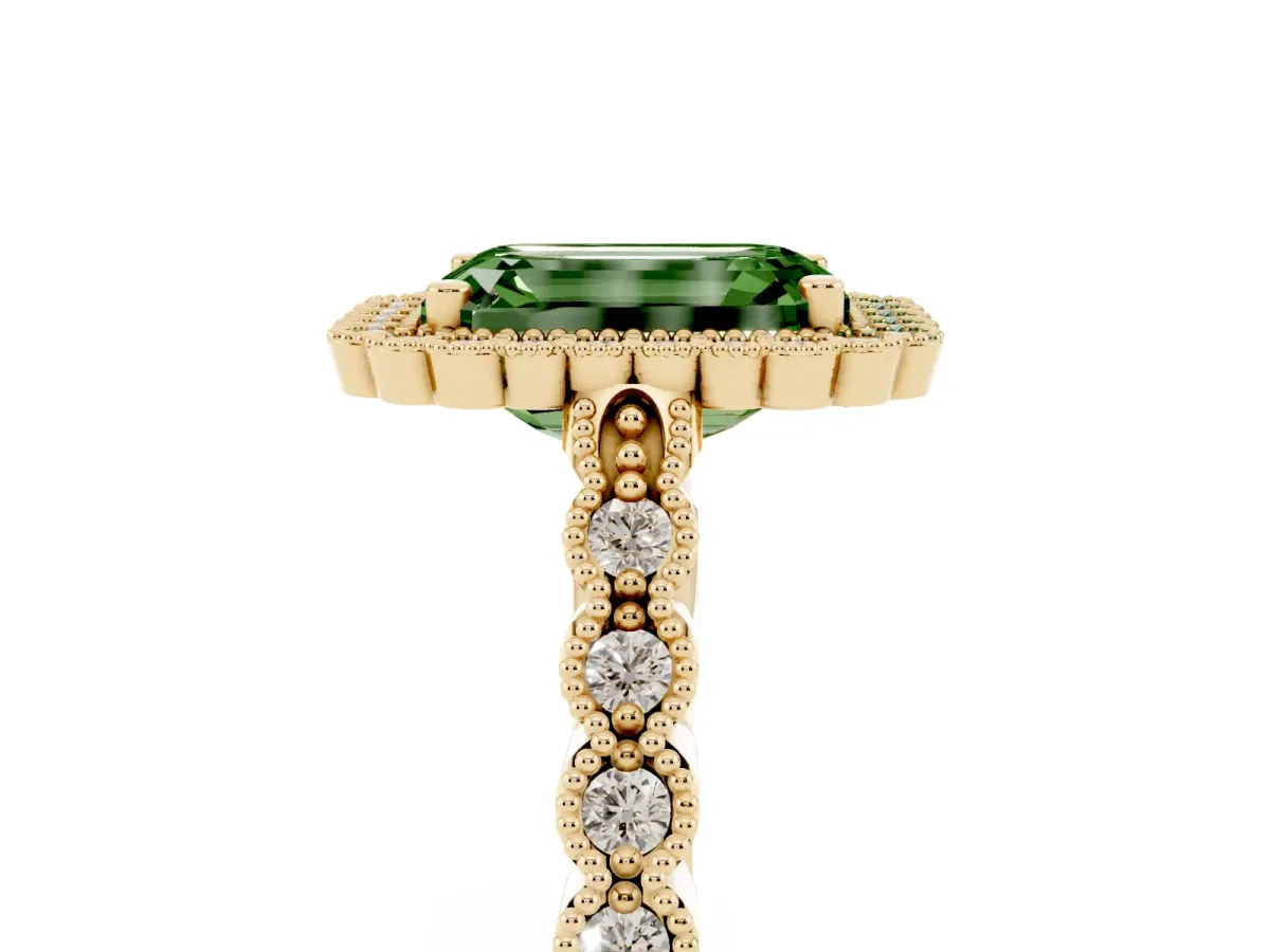 Fancy Green Emerald Cut Cut Halo Pavé Solitaire Ring with Milgrain Band Yellow gold