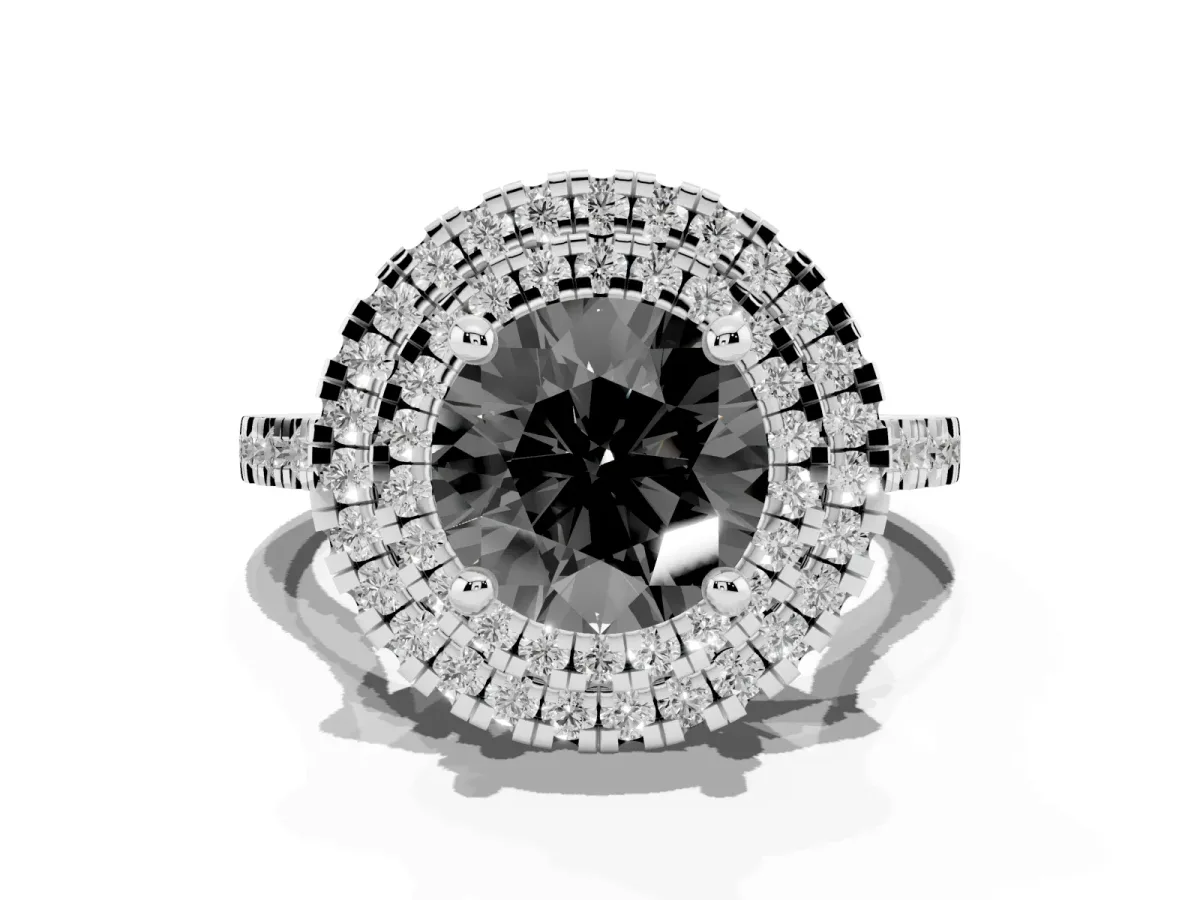 Fancy Black Double Halo Round Cut Diamond Pavé Band with Four-Prong Setting Silver
