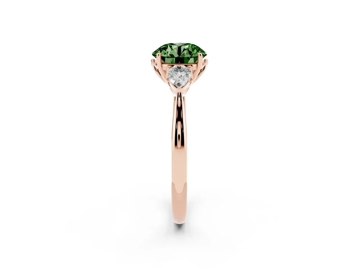 Fancy Green Three-Stone Round Cut Diamond Ring with Pear Side Stones in Four-Prong Setting Rose gold