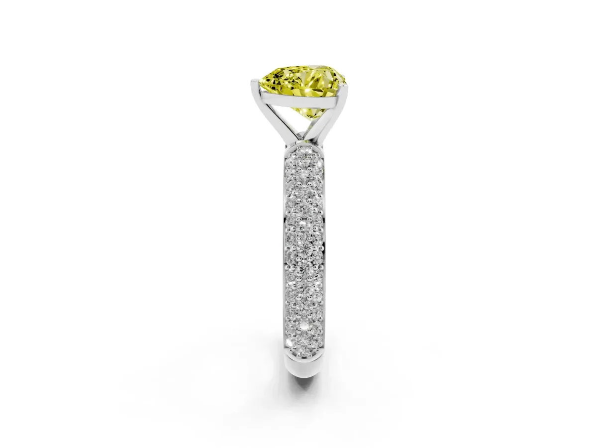 Fancy Yellow Heart Cut Diamond Solitaire Ring with Prong Setting and Pavé Band Silver