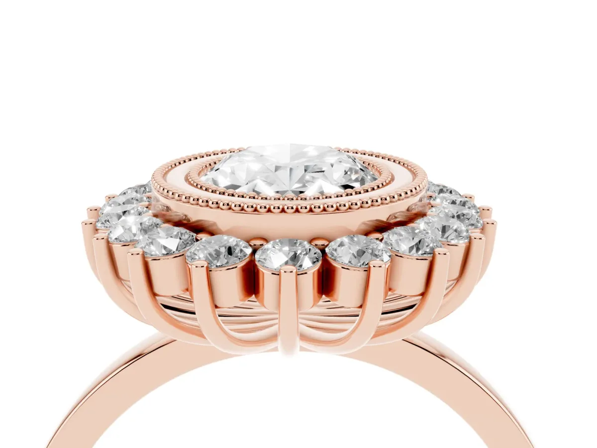 Oval Cut Halo Diamond Ring with Milgrain Edge and Round Prong Setting Rose gold