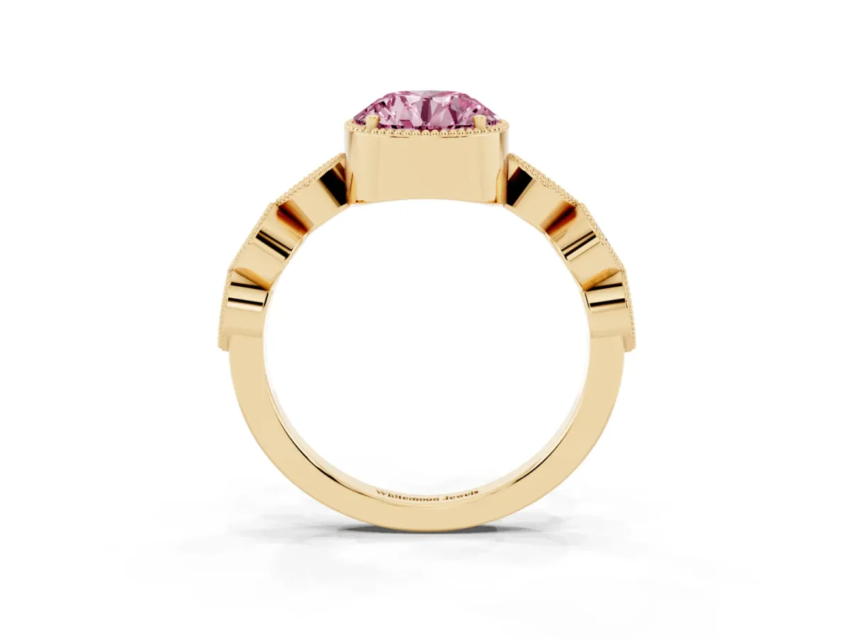 Fancy Pink Round Cut Diamond Vintage Milgrain Ring with Round Stations Yellow gold