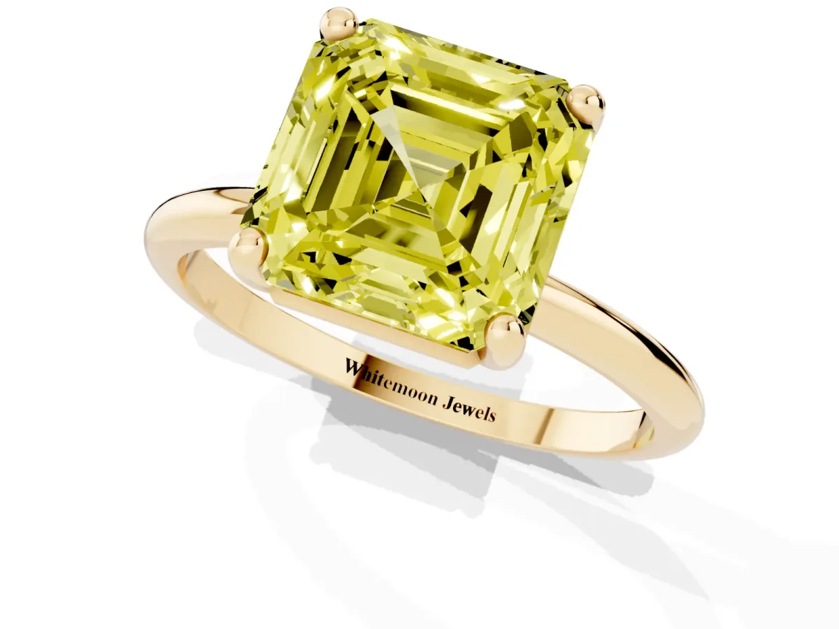 Fancy Yellow Asscher Cut Solitaire Diamond Ring with 4-Prong Setting on a Classic Band Yellow gold