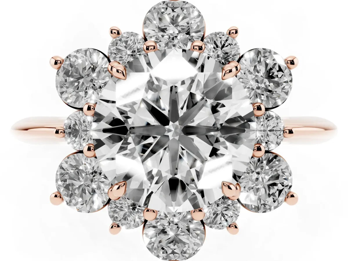 Round Cut Diamond Cluster Halo Ring with Solitaire Band and Four-Prong Setting Rose gold