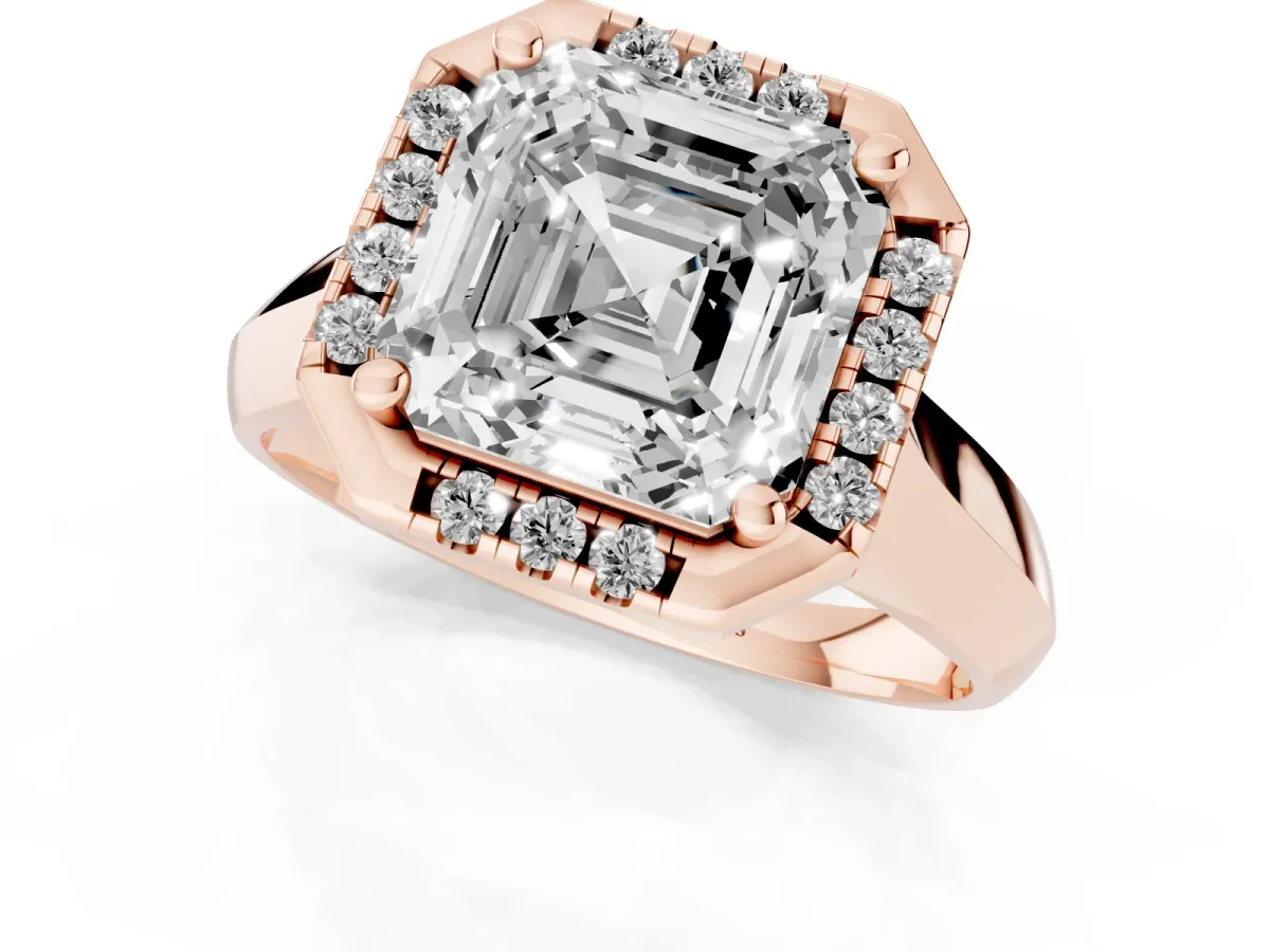 Asscher Cut Cut Halo Solitaire Engagement Ring with Square Band and Four-Prong Setting Rose gold