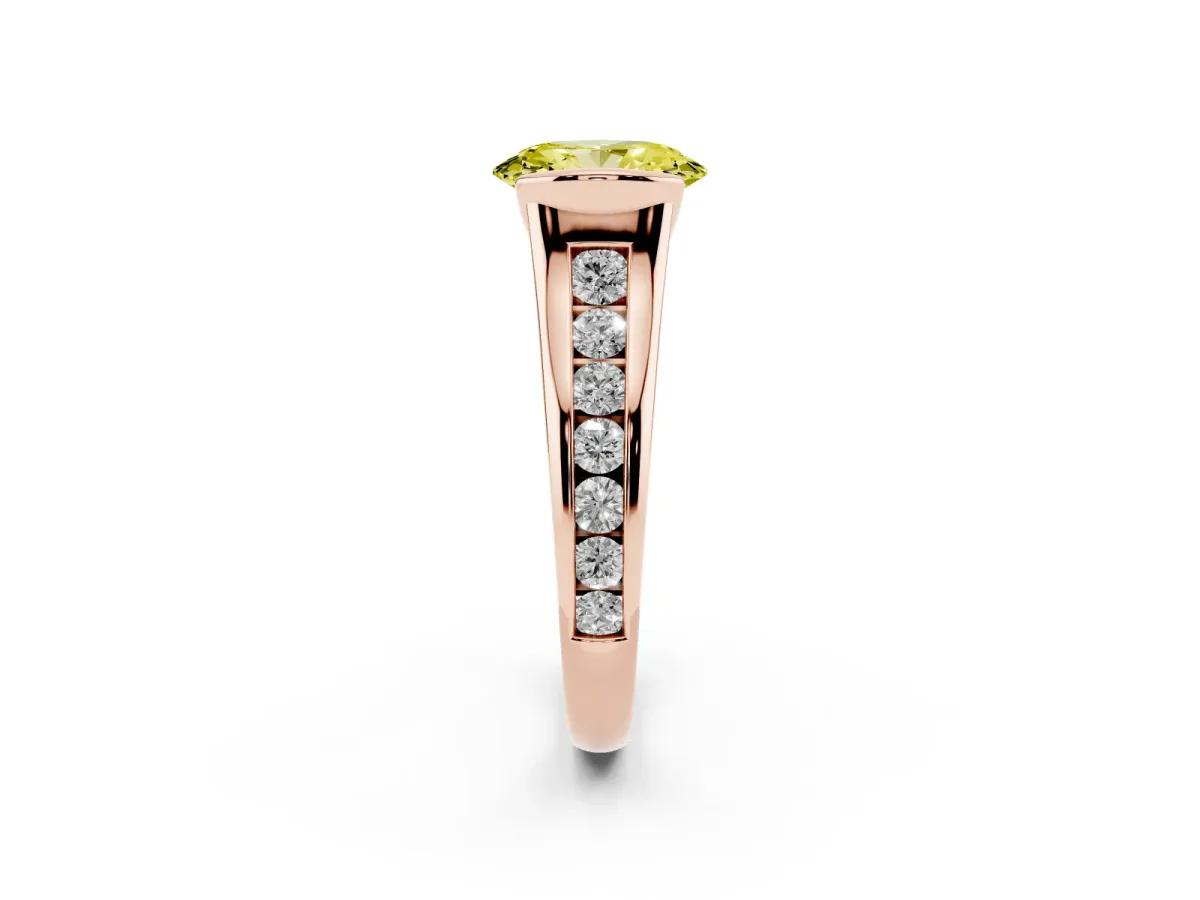 Fancy Yellow Oval Cut Solitaire Bezel-Set Diamond Ring with Channel-Set Band Rose gold