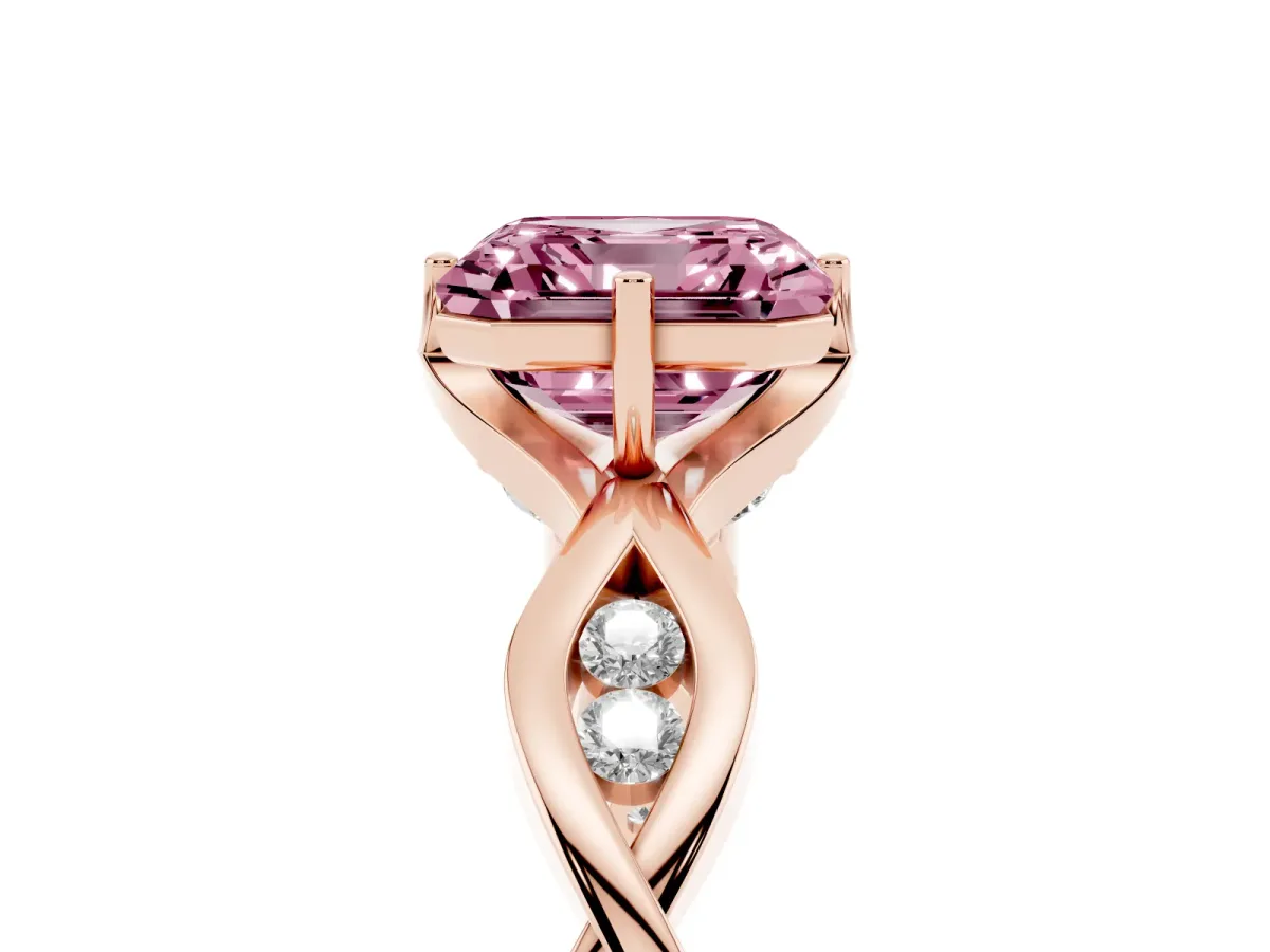 Fancy Pink Asscher Cut Solitaire Twist Band with Leaf Prong Setting Rose gold