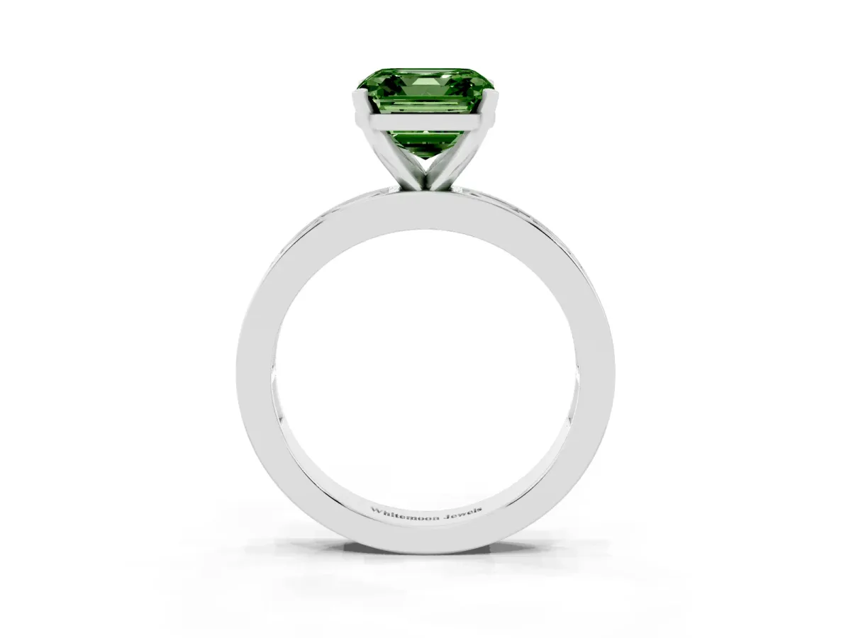 Fancy Green Asscher Cut Solitaire Diamond Ring with Channel-Set Baguette Band and Four-Prong Setting Platinum