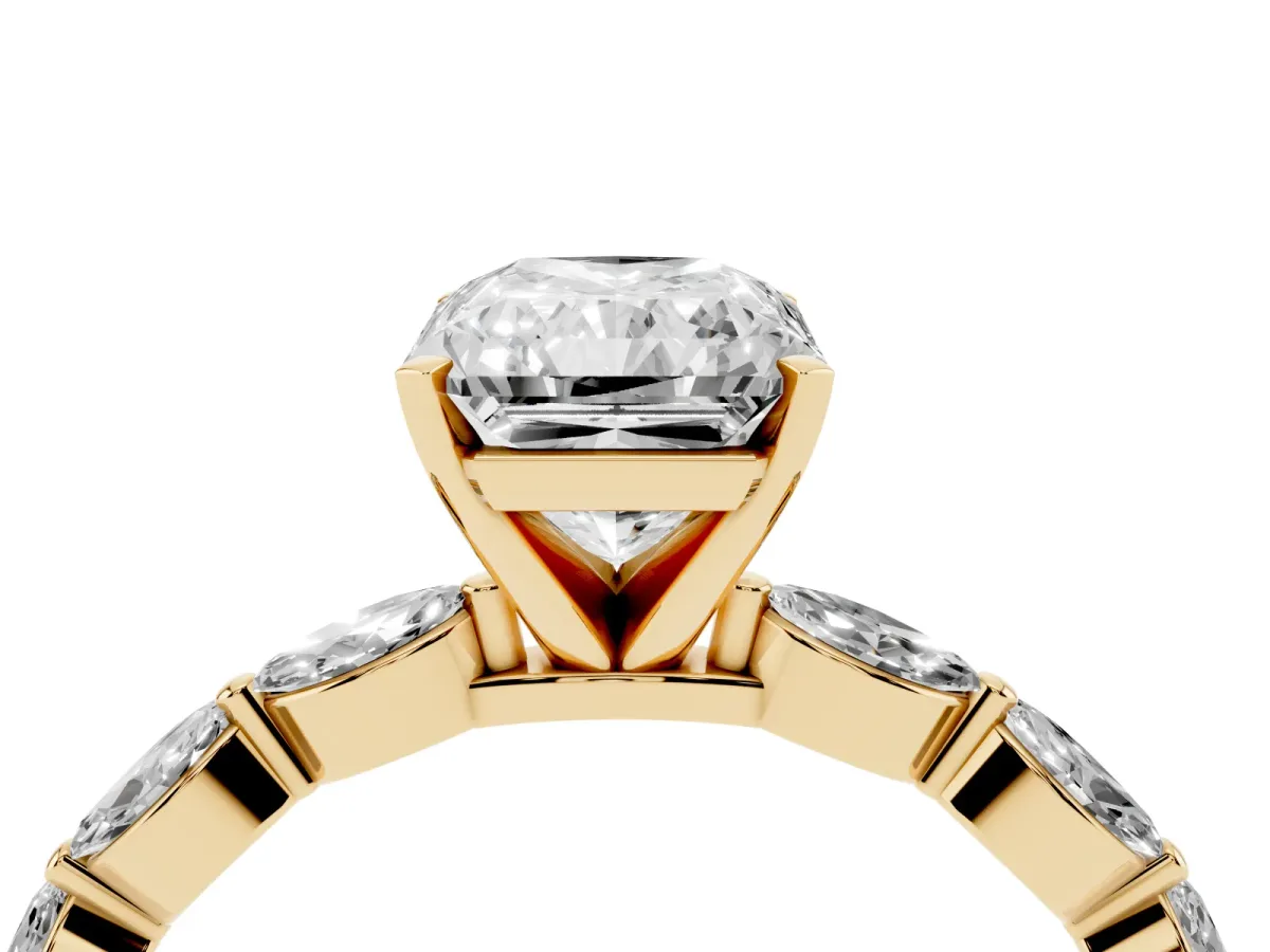 Radiant Cut Diamond Ring with Marquise Side Stones and Prong Setting Yellow gold
