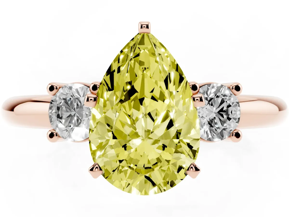 Fancy Yellow Three-Stone Pear Cut Cut Diamond Solitaire with Prong Setting and Classic Band Rose gold
