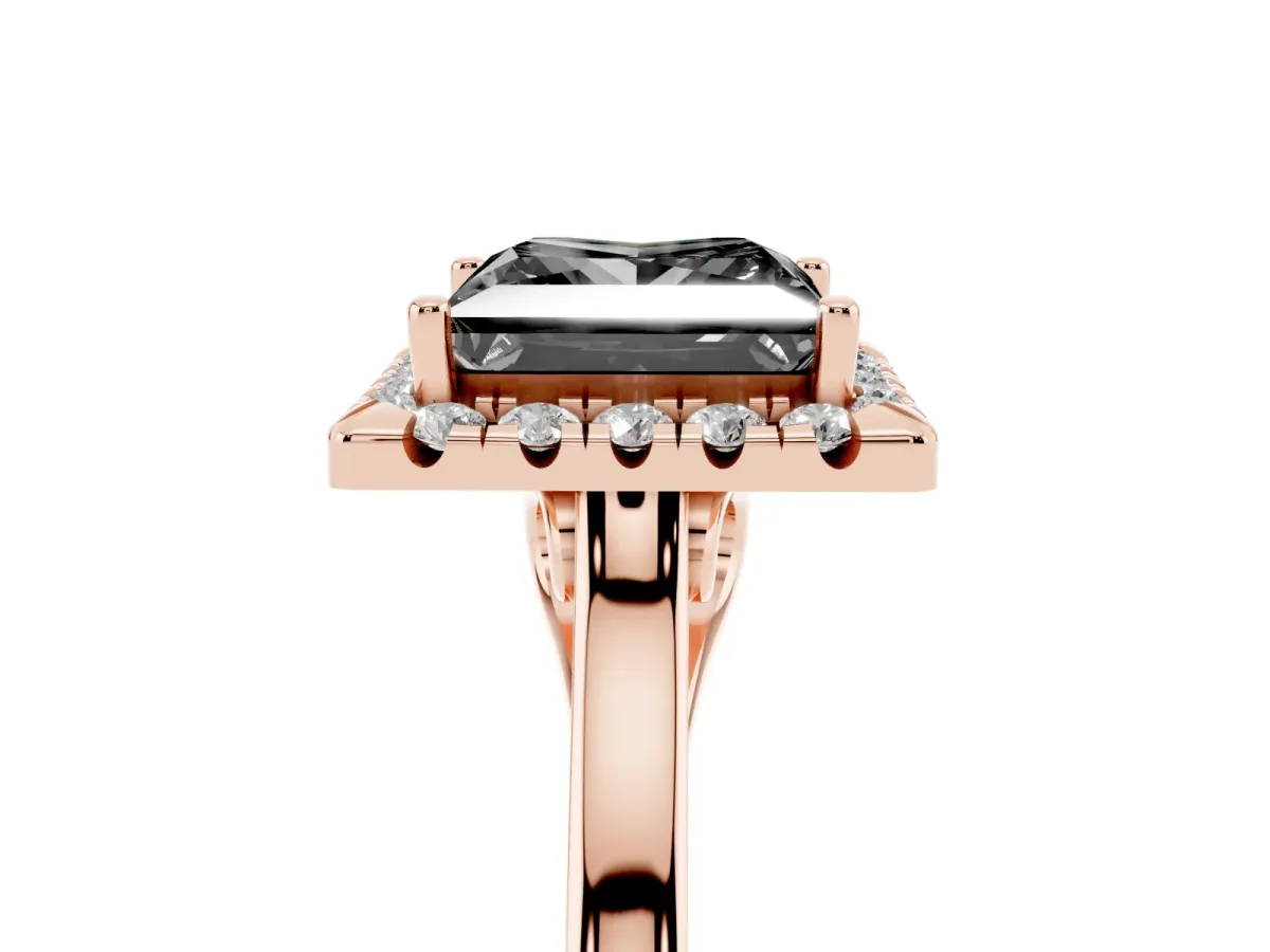 Fancy Black Princess Cut Halo Round Diamond Solitaire Ring with Pavé Band and Four-Prong Setting Rose gold