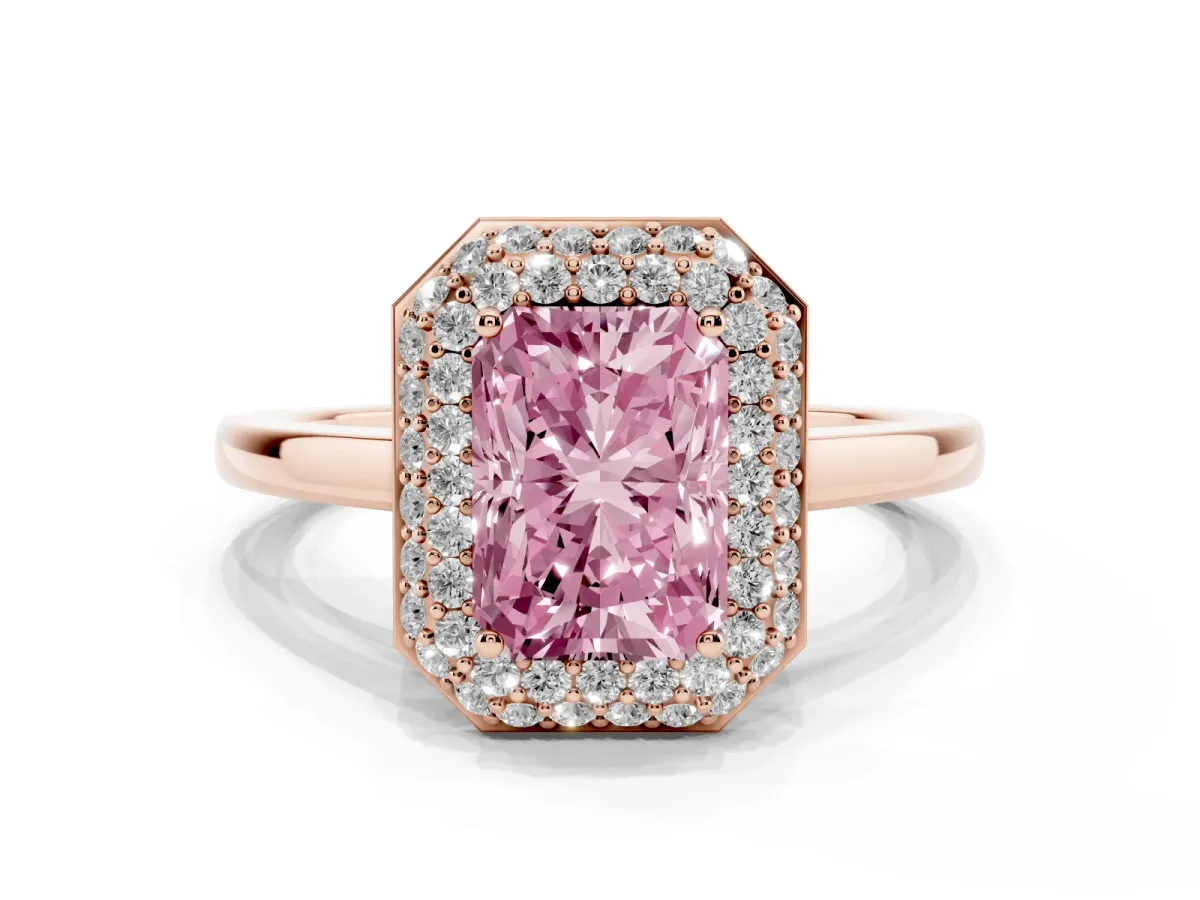 Fancy Pink Radiant Cut Halo Diamond Engagement Ring with Solitaire Band and Four-Prong Setting Rose gold
