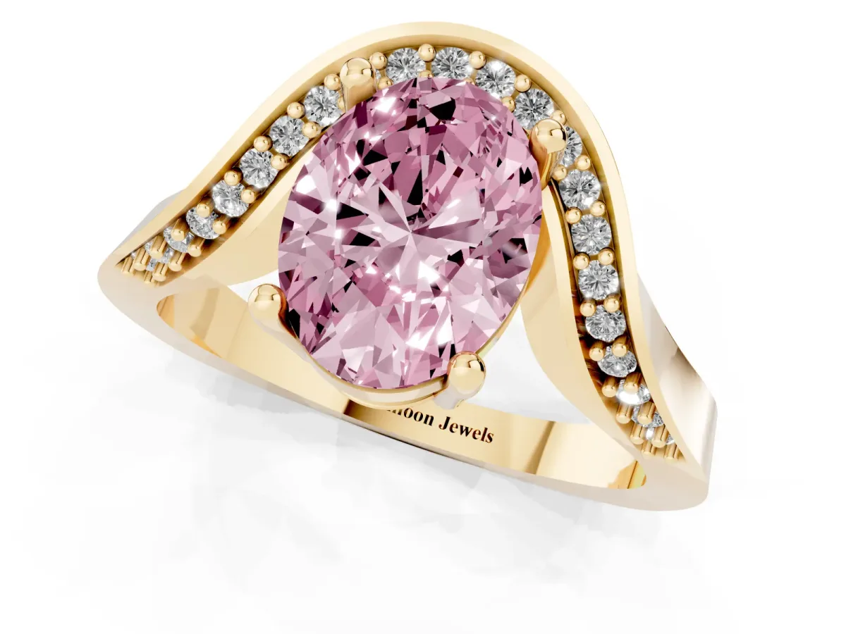 Fancy Pink Oval Cut Solitaire Diamond Engagement Ring with Pave Band and Four-Prong Setting Yellow gold