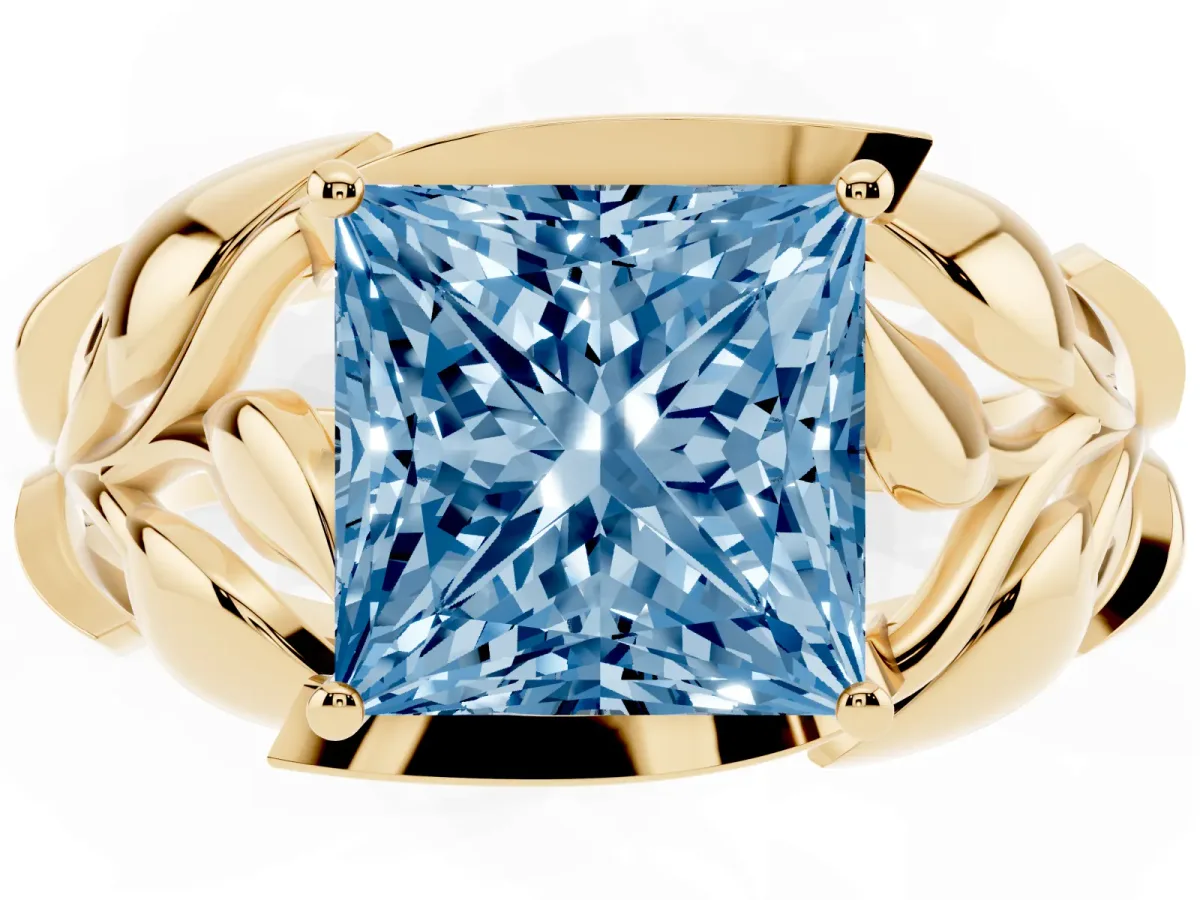 Fancy Blue Princess Cut Diamond Leaf-Inspired Engagement Ring with Round Accents and Prong Setting Yellow gold