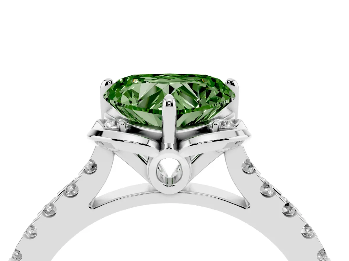 Fancy Green Heart Cut Diamond Ring with Pavé Band and Floral Prong Setting Platinum