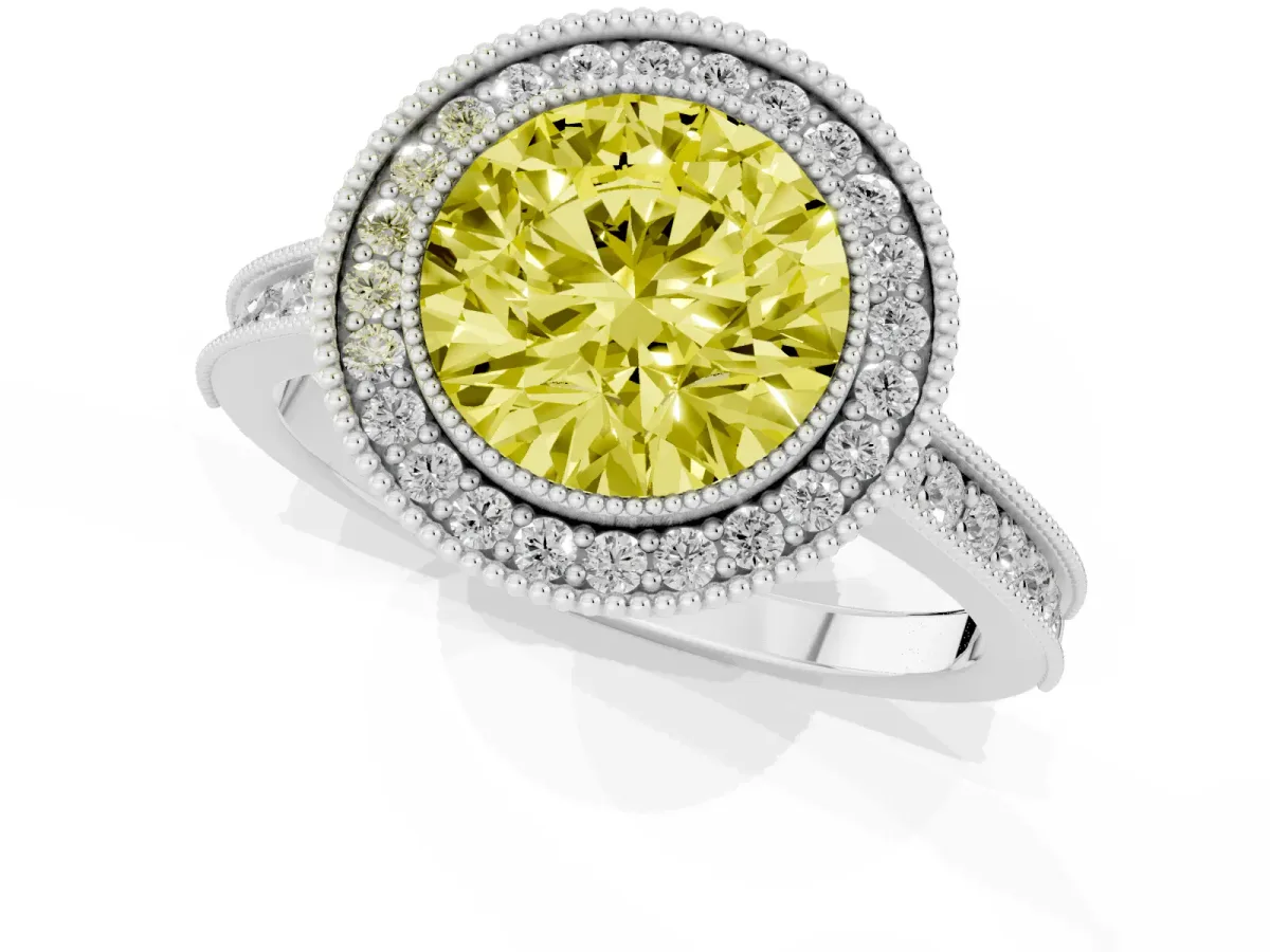Fancy Yellow Halo Round Cut-Cut Diamond Pave Band Milgrain Prong Setting Ring Silver