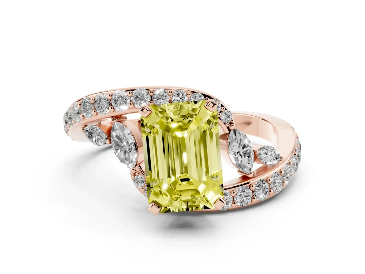 Fancy Yellow Emerald Cut Solitaire with Pavé Twist Band and Four-Prong Setting Rose gold