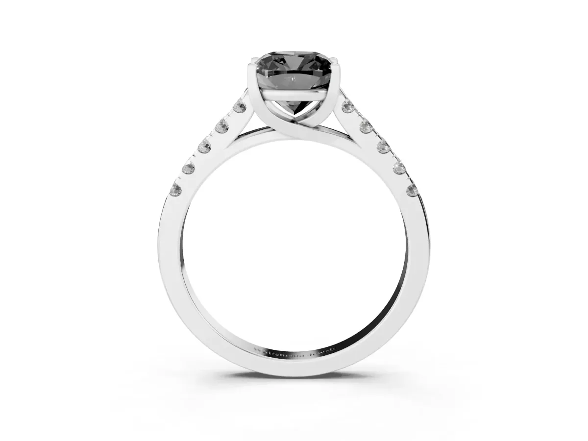 Fancy Black Cushion Cut Diamond Pavé Band Solitaire Ring with Prong Setting Silver