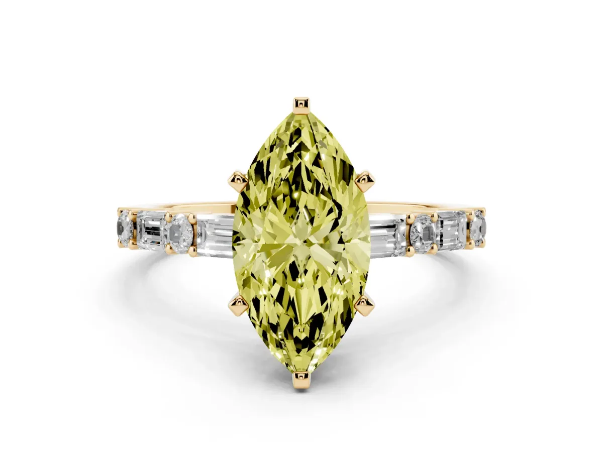 Fancy Yellow Marquise Cut Diamond Solitaire with Side Baguettes and Channel Set Band Yellow gold