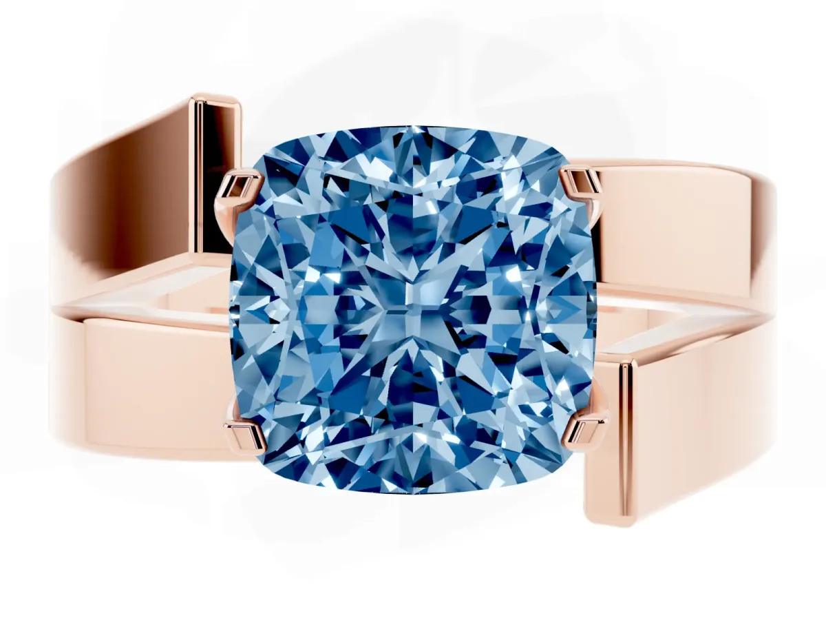 Fancy Blue Modern Tension Set Cushion Cut Diamond Solitaire Wide Band Ring Rose gold