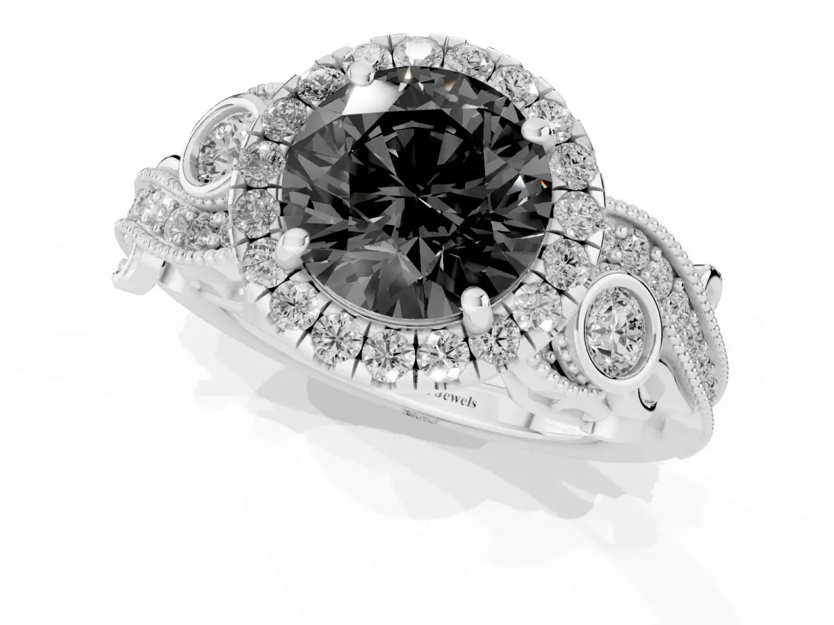 Fancy Black Round Cut Halo Diamond Ring with Milgrain and Bezel Accents on a Split Shank Band Platinum