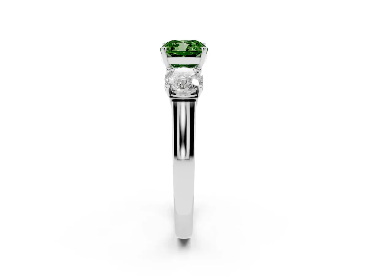 Fancy Green Three-Stone Cushion Cut Brilliant Diamond Trellis Ring with Comfort Fit Band White gold