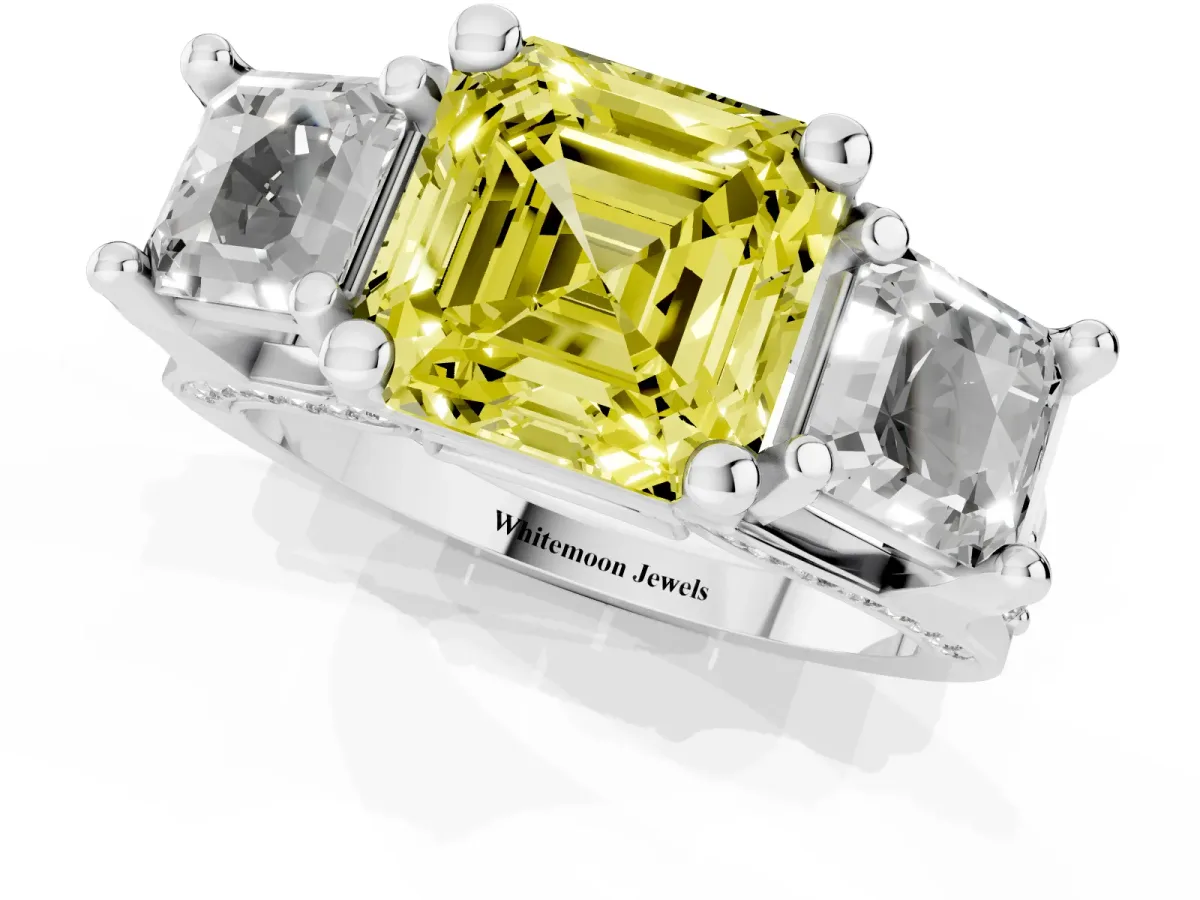 Fancy Yellow Asscher Cut Diamond Three-Stone Ring with Channel Set Band and Four-Prong Setting Silver