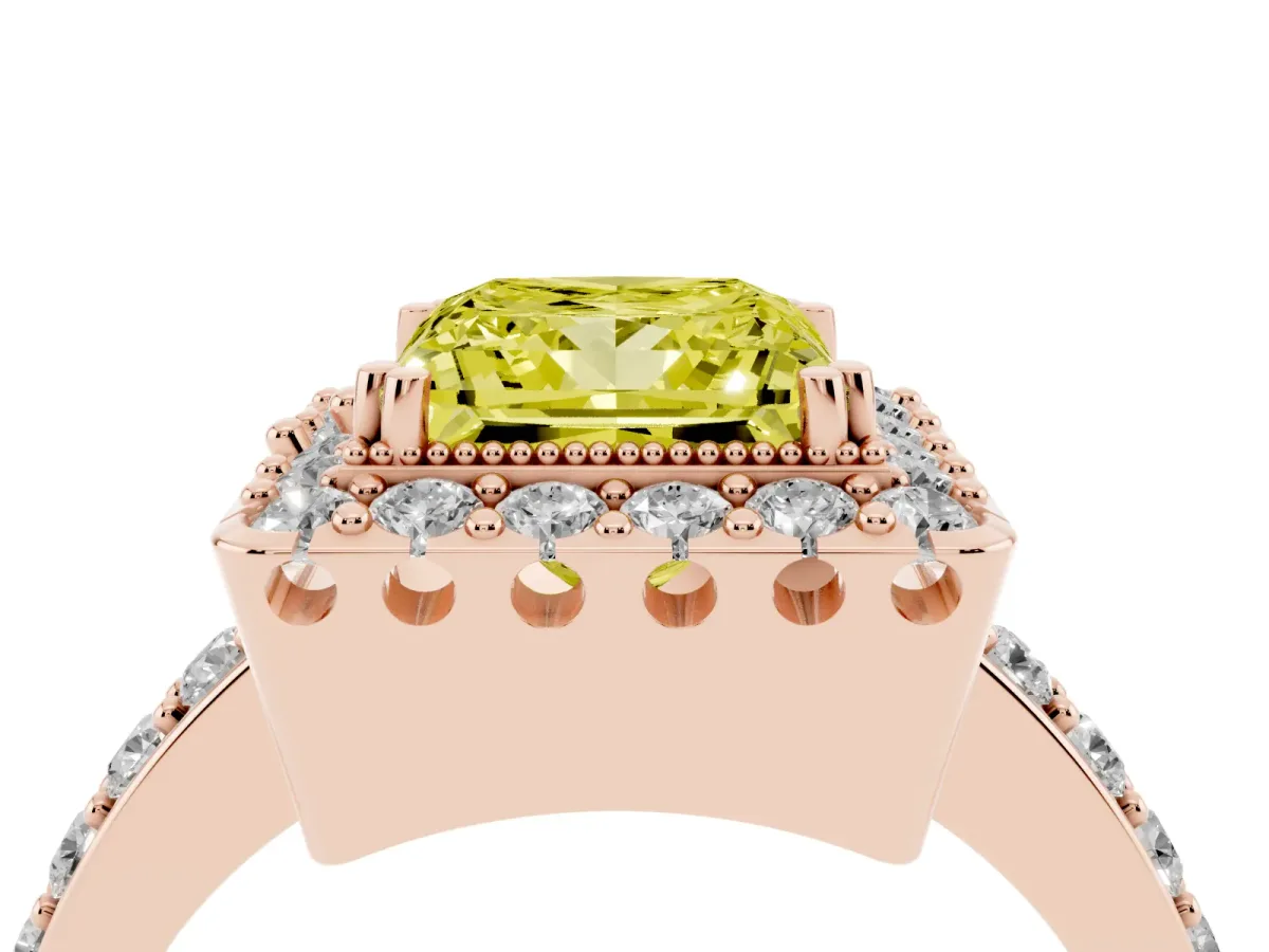 Fancy Yellow Princess Cut Diamond Halo Ring with Pavé Band and Prong Setting Rose gold