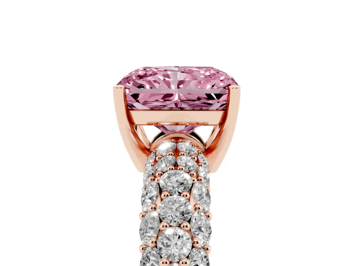 Fancy Pink Radiant Cut Diamond Pavé Band Solitaire Ring with Four-Prong Setting Rose gold