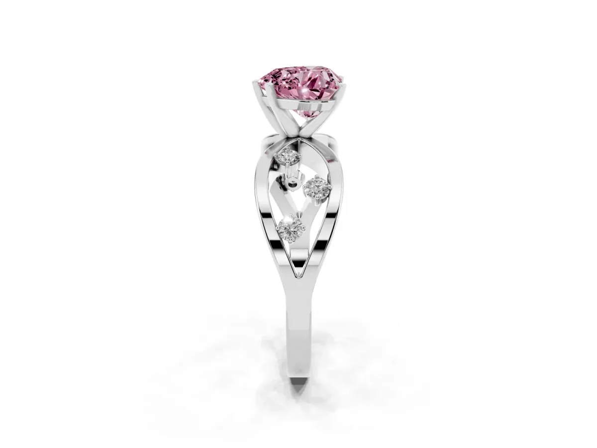 Fancy Pink Heart Cut Cut Solitaire Diamond with Side Stones on Criss-Cross Band and Four-Prong Setting Silver