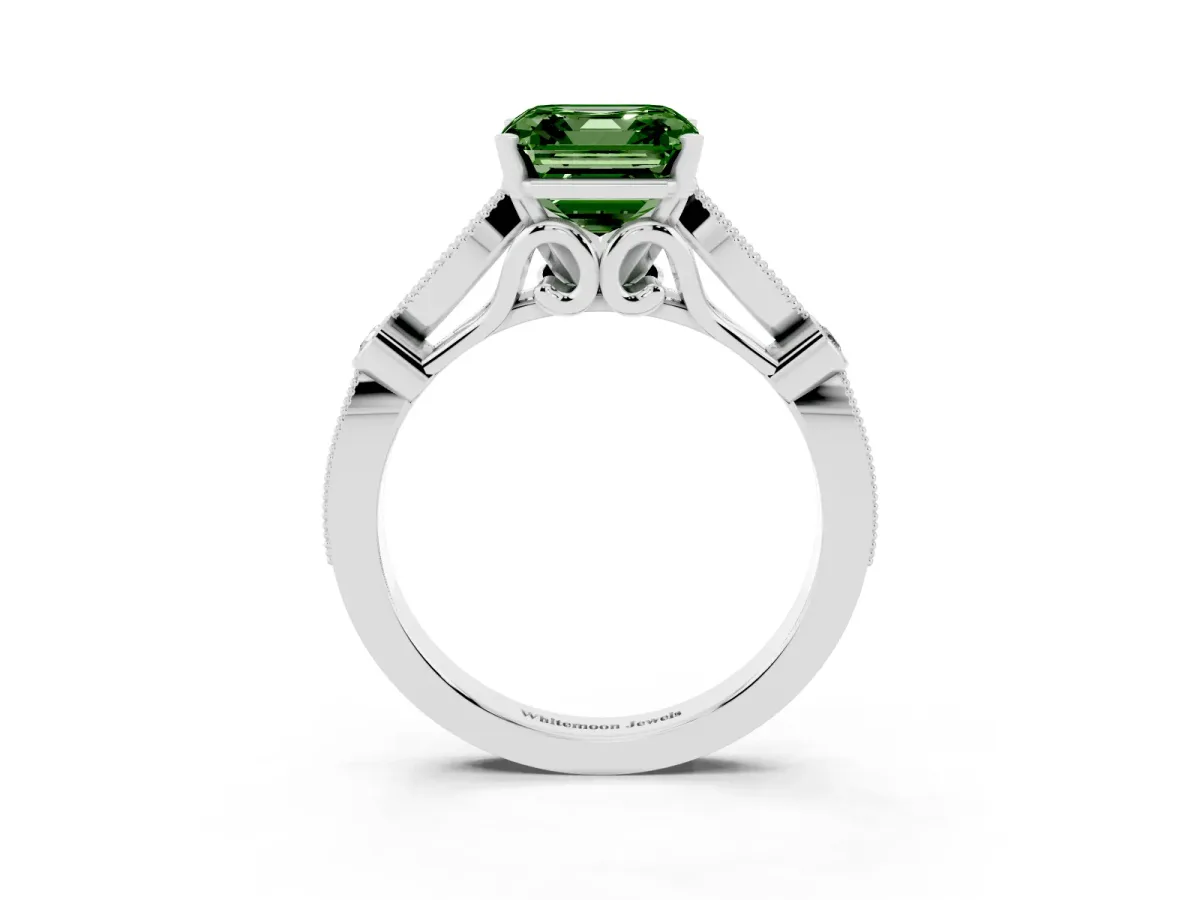 Fancy Green Asscher Cut Cut Diamond with Milgrain Marquise and Bezel Accents on a Solitaire Band with Prong Setting Platinum
