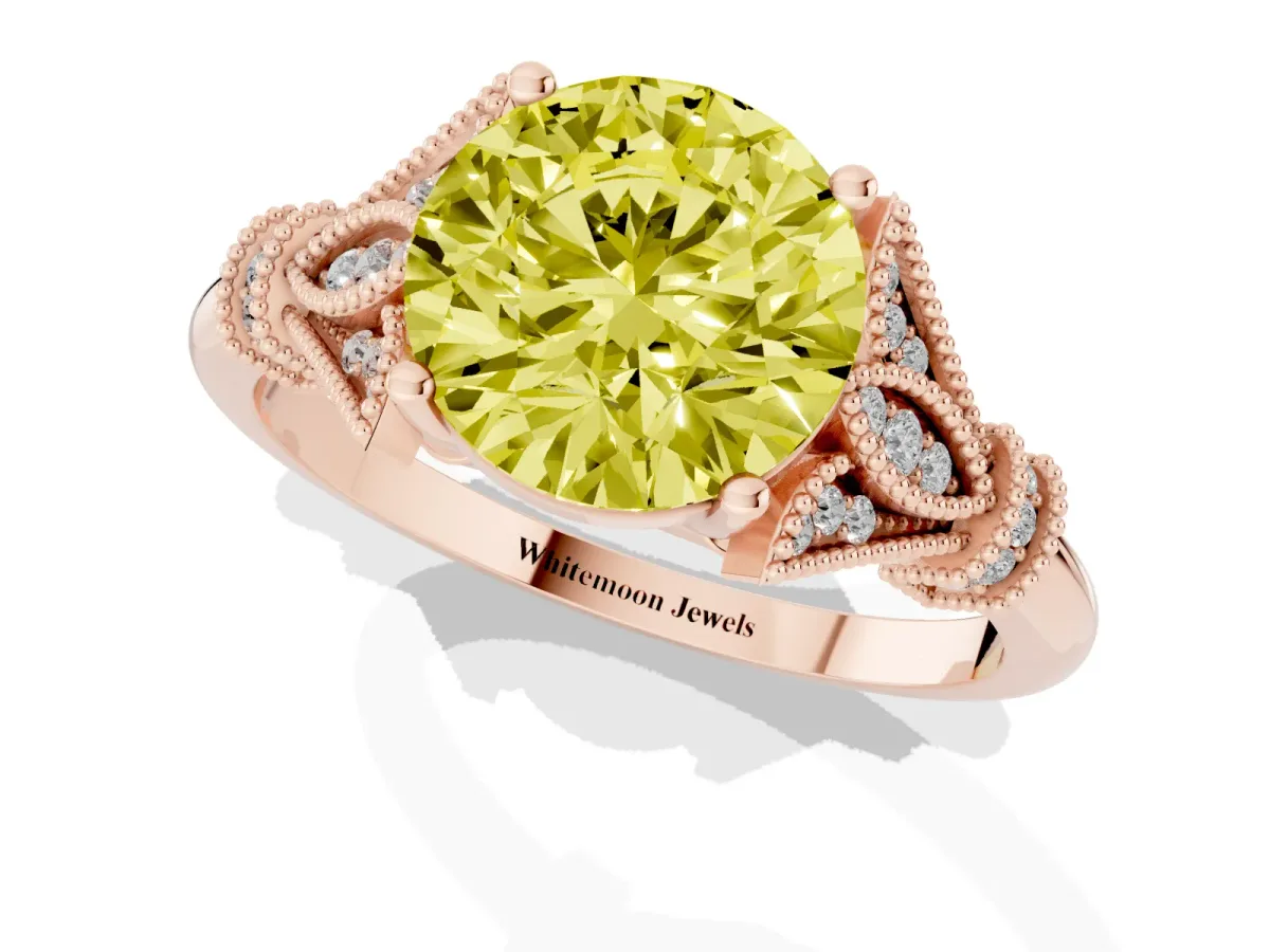 Fancy Yellow Round Cut Diamond Solitaire Ring with Floral Filigree and Pave Accents Rose gold
