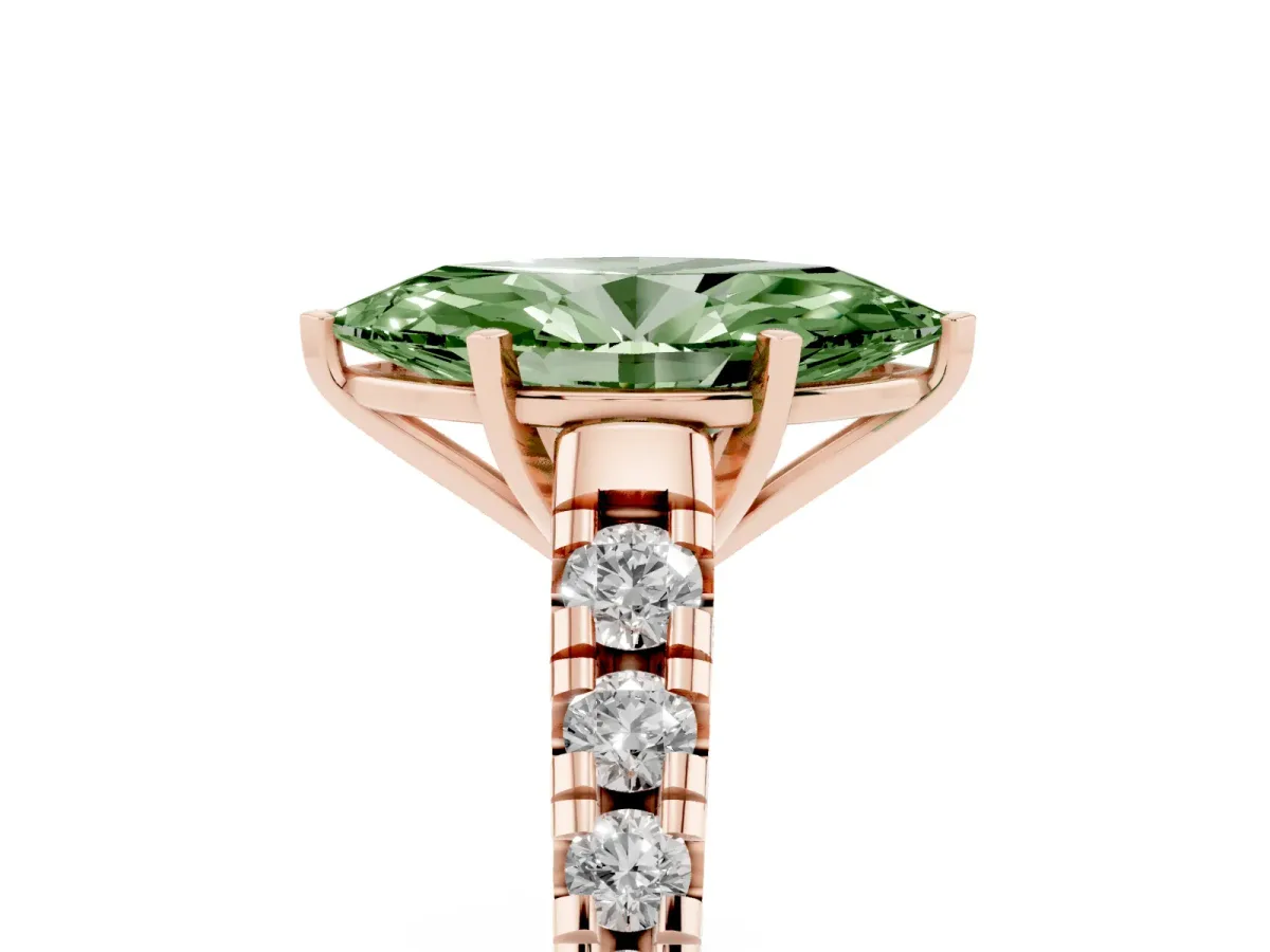 Fancy Green Marquise Cut Diamond Cathedral Solitaire Ring with Round Pavé Band Rose gold