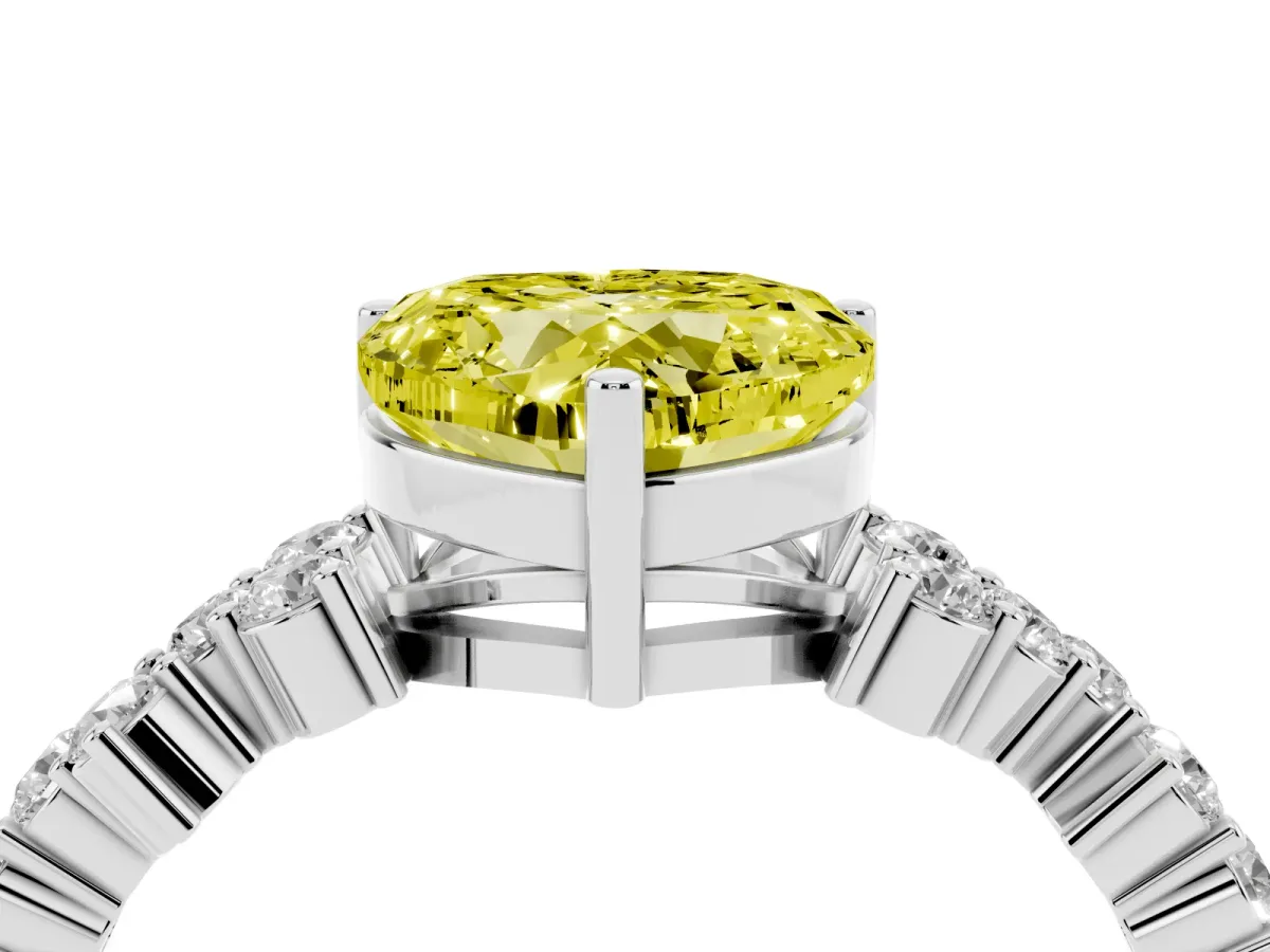 Fancy Yellow Heart Cut Diamond Scattered Round Accent Ring with Prong Setting Silver