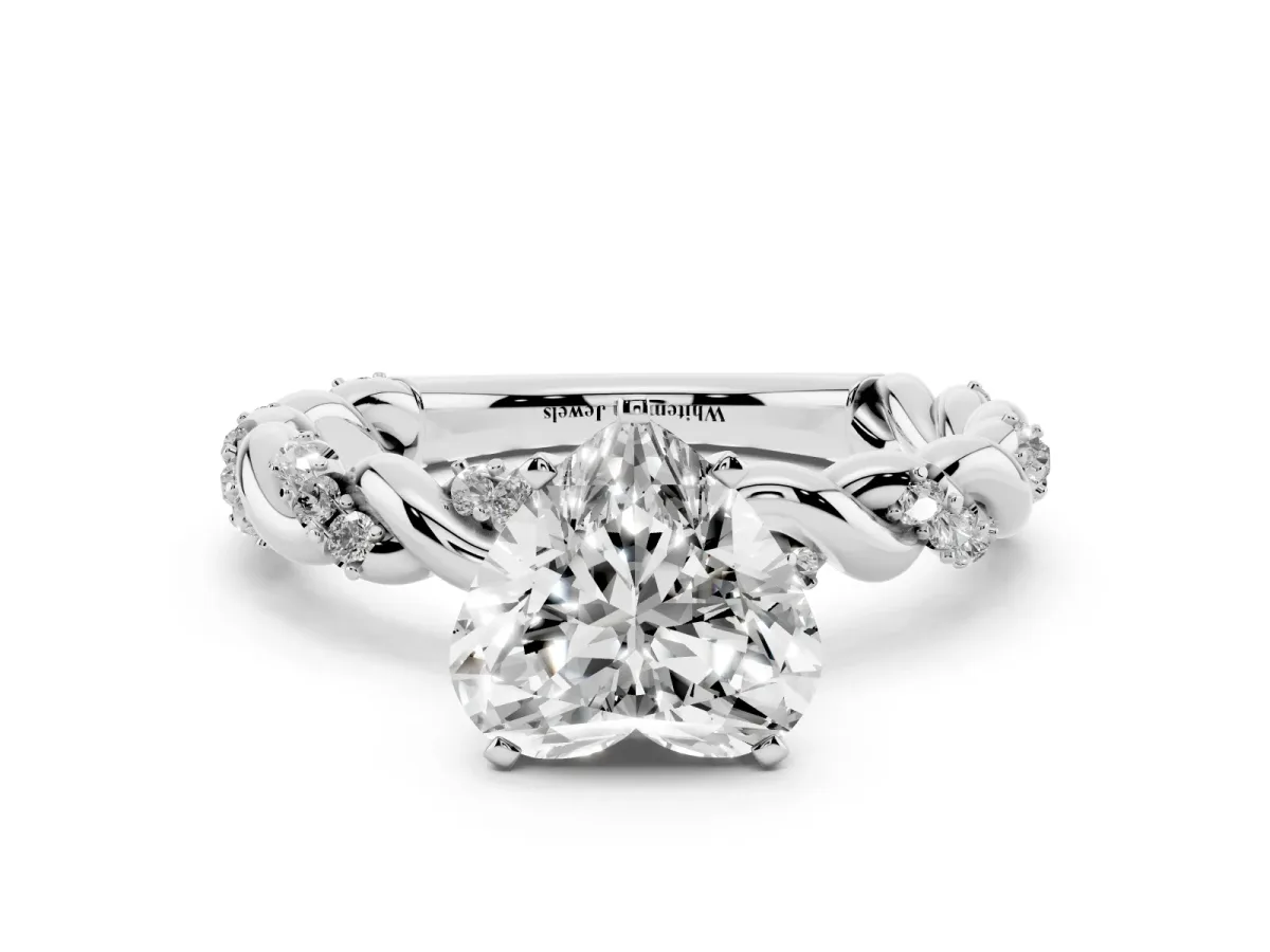 Heart Cut Diamond Solitaire Ring with Twisted Band and Pavé Accents White gold