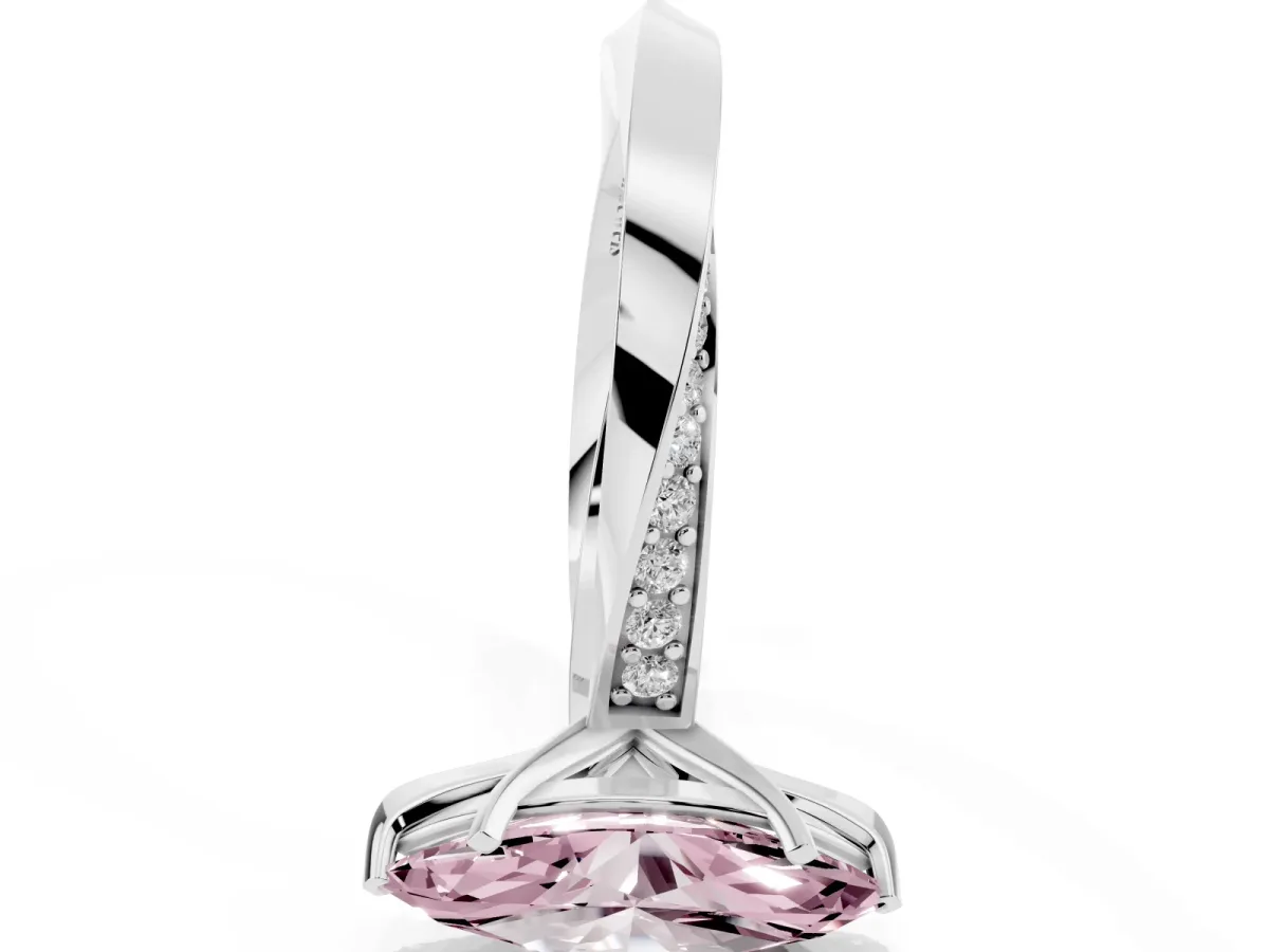 Fancy Pink Marquise Cut Diamond Engagement Ring with Side Stone Accents and Four-Prong Setting Silver