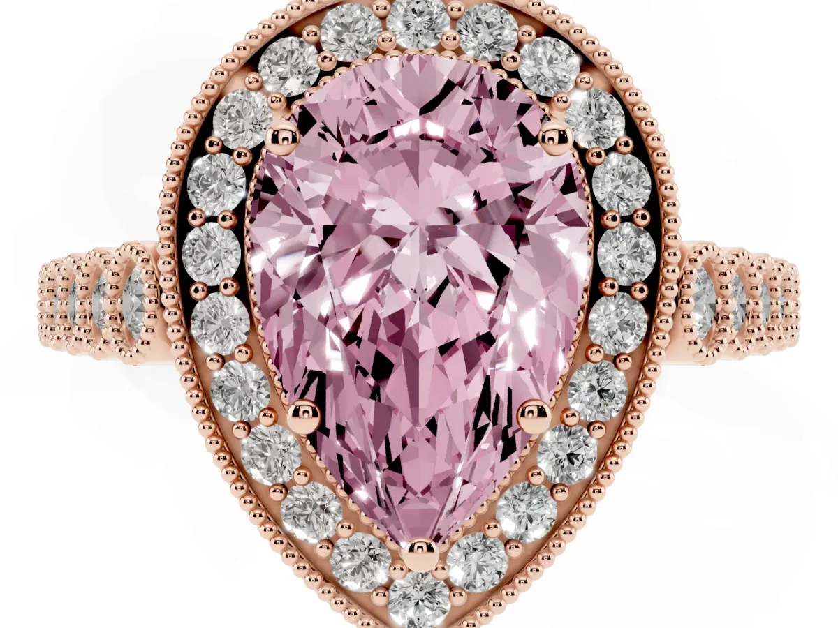 Fancy Pink Pear Cut Halo Twist Band Solitaire Ring with Six-Prong Setting Rose gold