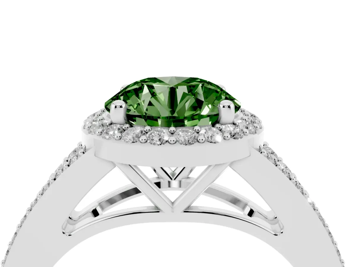 Fancy Green Round Cut Halo Split Shank Diamond Ring with Prong Setting Silver
