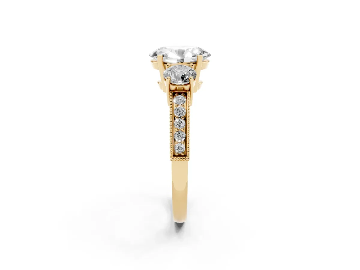 Oval Cut Three-Stone Diamond Ring with Pavé Band and Four-Prong Setting Yellow gold