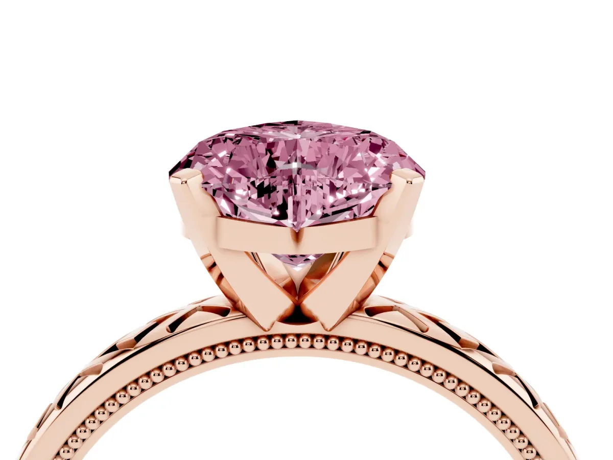 Fancy Pink Heart Cut Solitaire Diamond Ring with Milgrain and Black Enamel X Pattern Band Rose gold