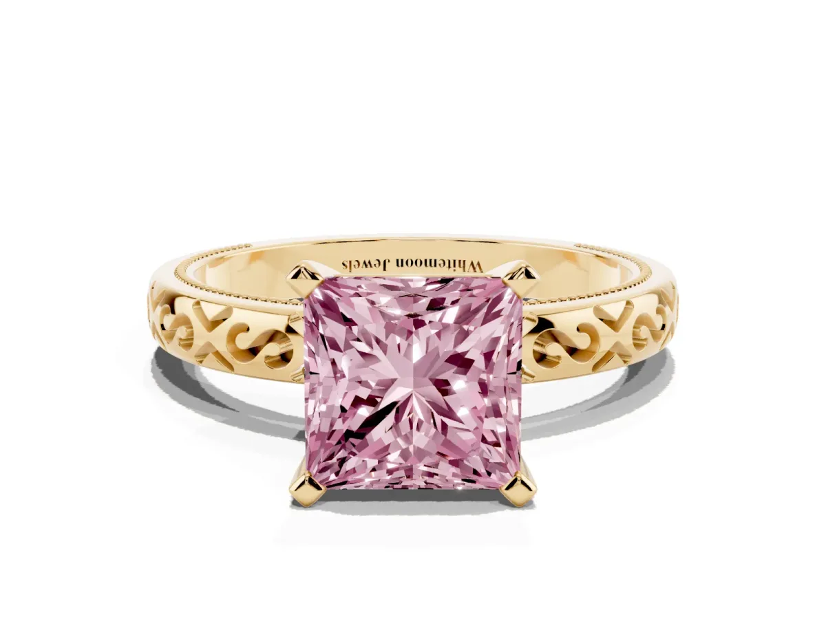 Fancy Pink Princess Cut Solitaire Engagement Ring with Scrollwork Band and Four-Prong Setting Yellow gold