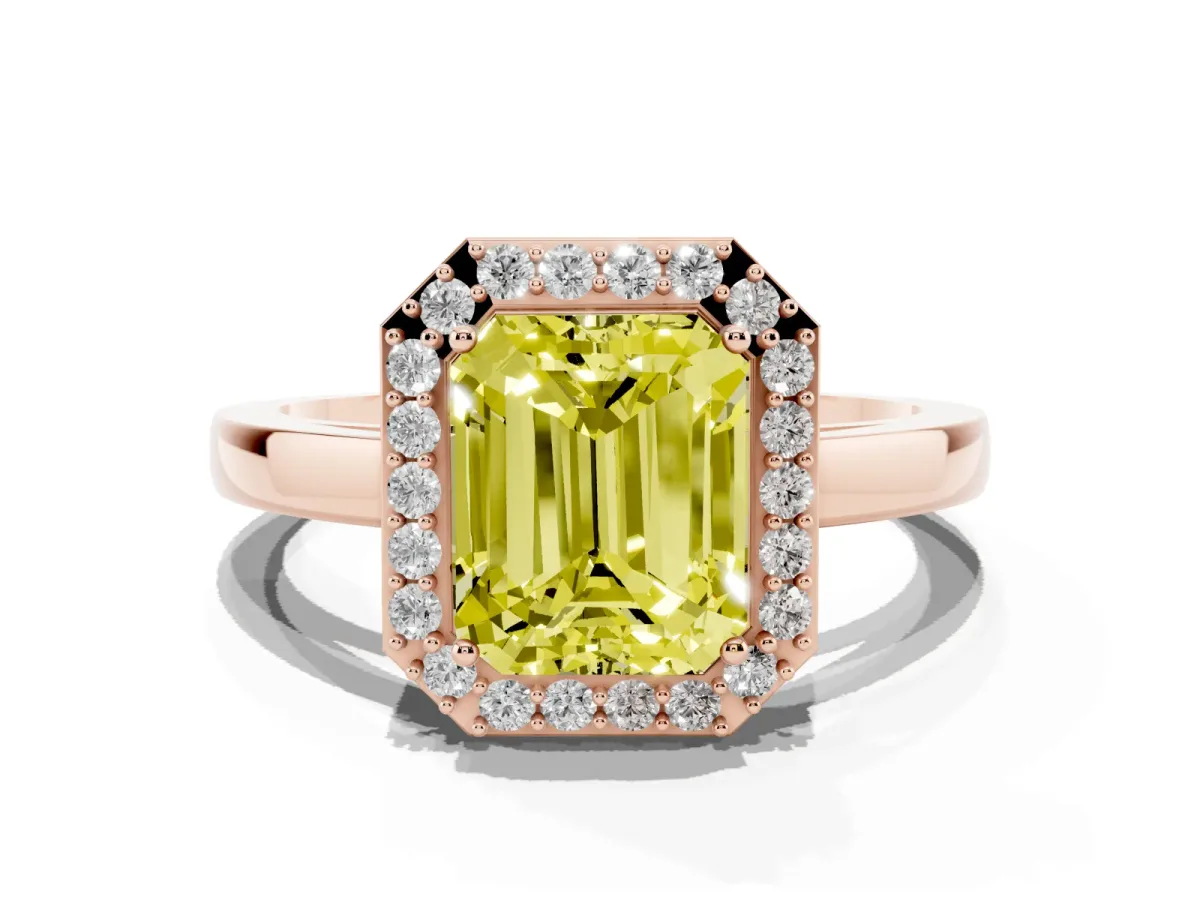 Fancy Yellow Radiant Cut Halo Diamond Ring with Solitaire Band and Prong Setting Rose gold
