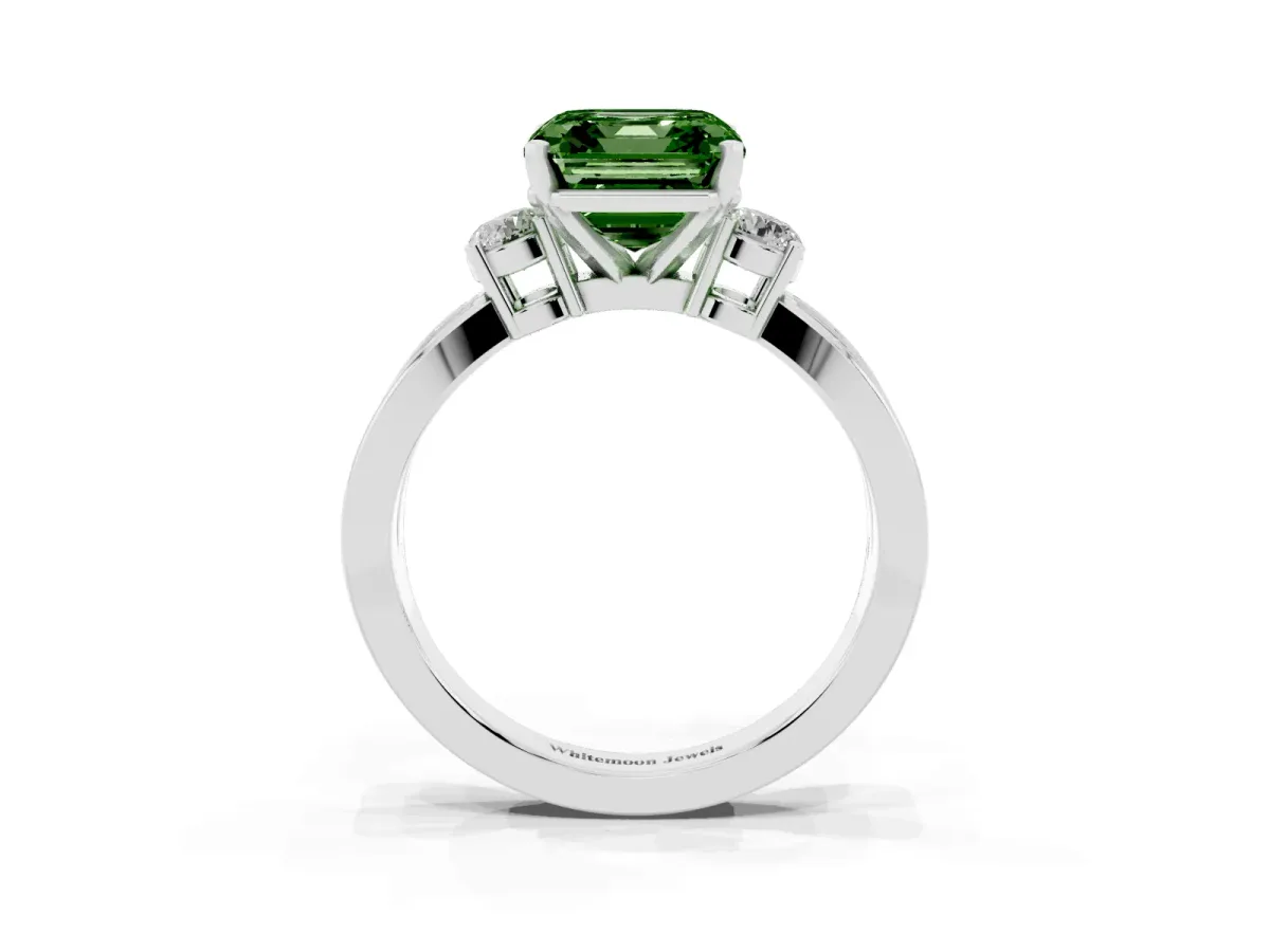 Fancy Green Three-Stone Asscher Cut Cut Diamond Twist Band with Prong Setting Silver