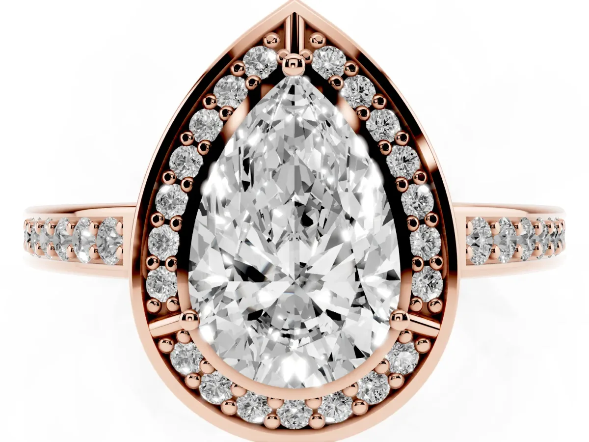 Pear Cut Cut Halo Pave Split Shank Prong Setting Ring Rose gold