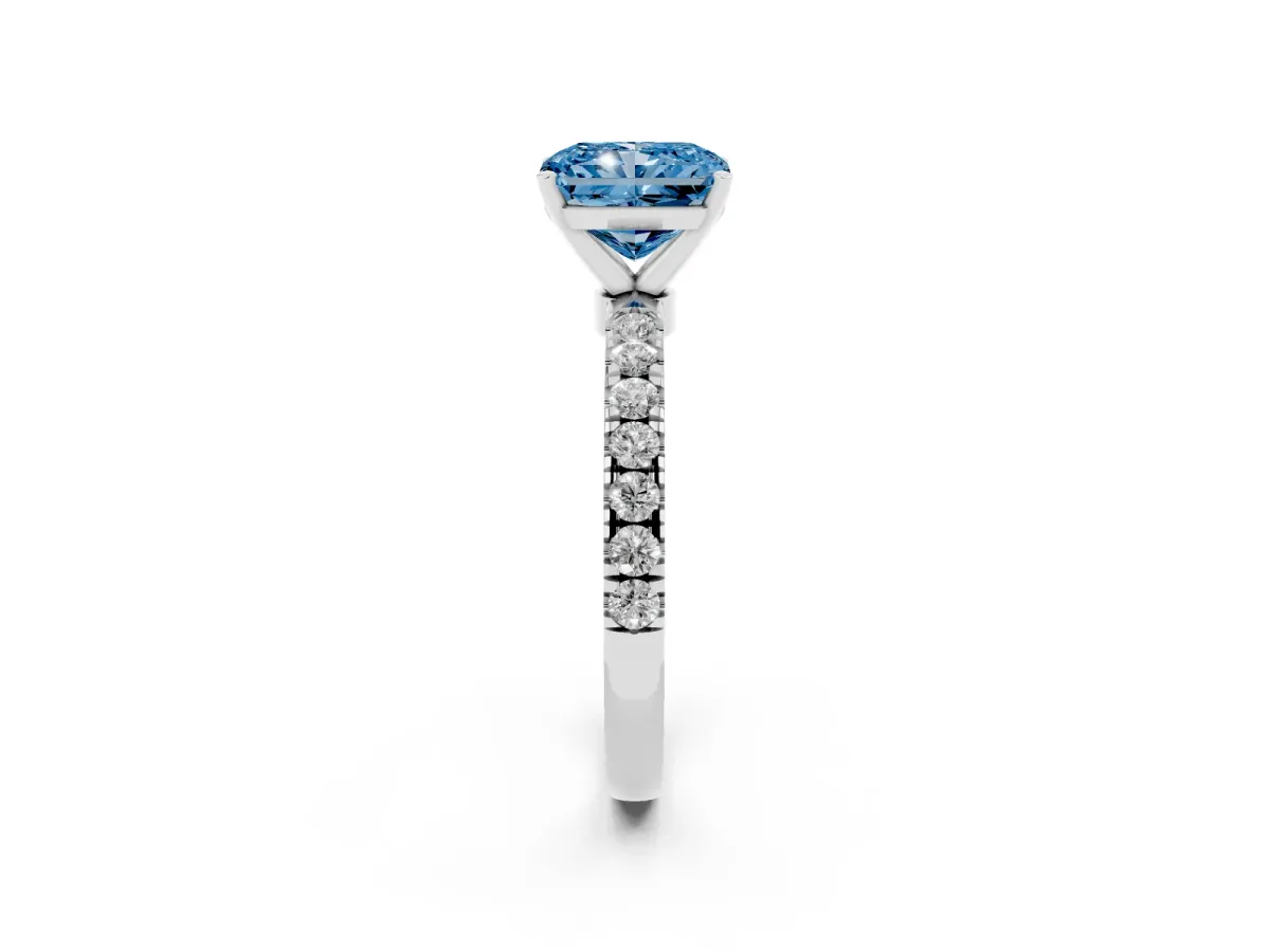 Fancy Blue Radiant Cut Diamond Solitaire Ring with Pavé Accents and Four-Prong Setting Silver