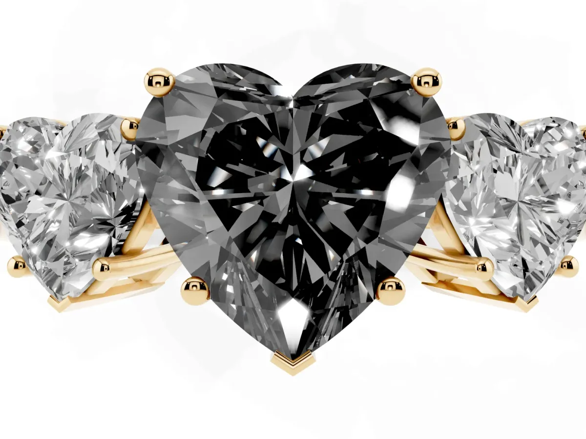 Fancy Black Three-Stone Heart Cut Cut Diamond Engagement Ring with Flat Band and Four-Prong Setting Yellow gold